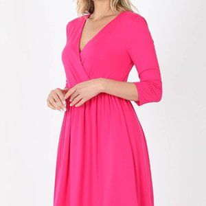 🌊3/4 SLEEVE Empire Surplice Shirred TWO-POCKET DRESS